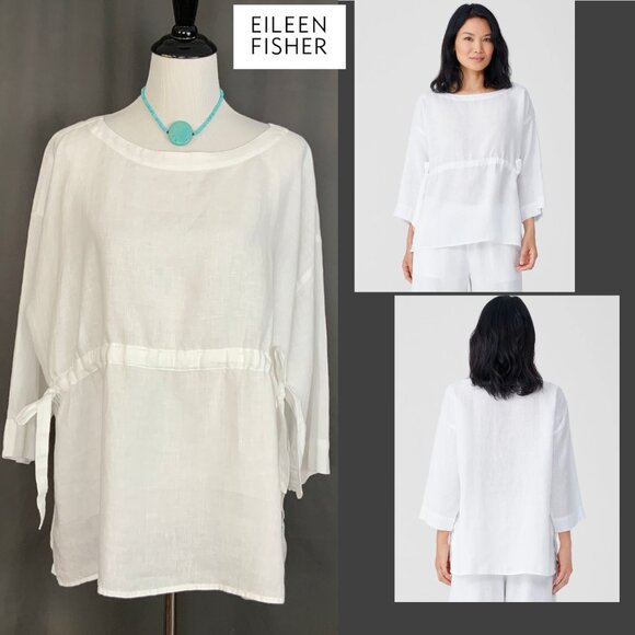 Eileen Fisher Handkerchief Linen Drawstring 3/4 Sleeves Top White Sz L - Picture 2 of 16